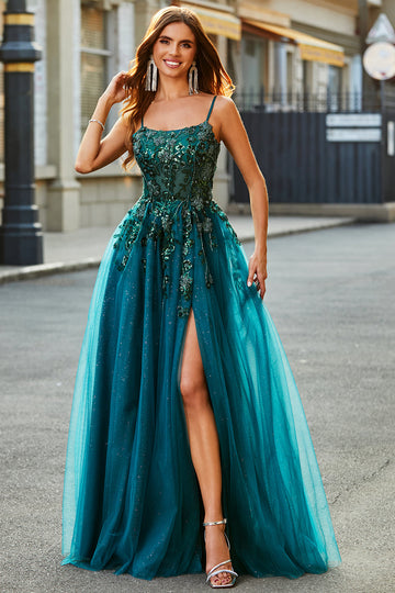 ZAPAKA Women Dark Green Prom Dress Tulle Spaghetti Straps A Line Evening Dress with Slit